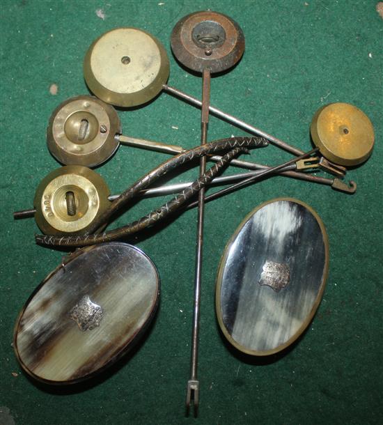 Mahogany box, pendulums & 2 horn snuff boxes